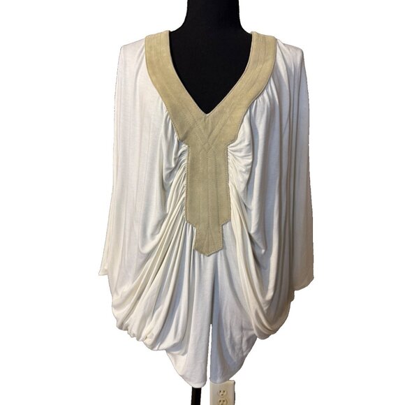 SKY Brand Top M White Tan Suede Trim Stretch Flowy Dolman Grecian Kimomo NEW - Picture 1 of 12